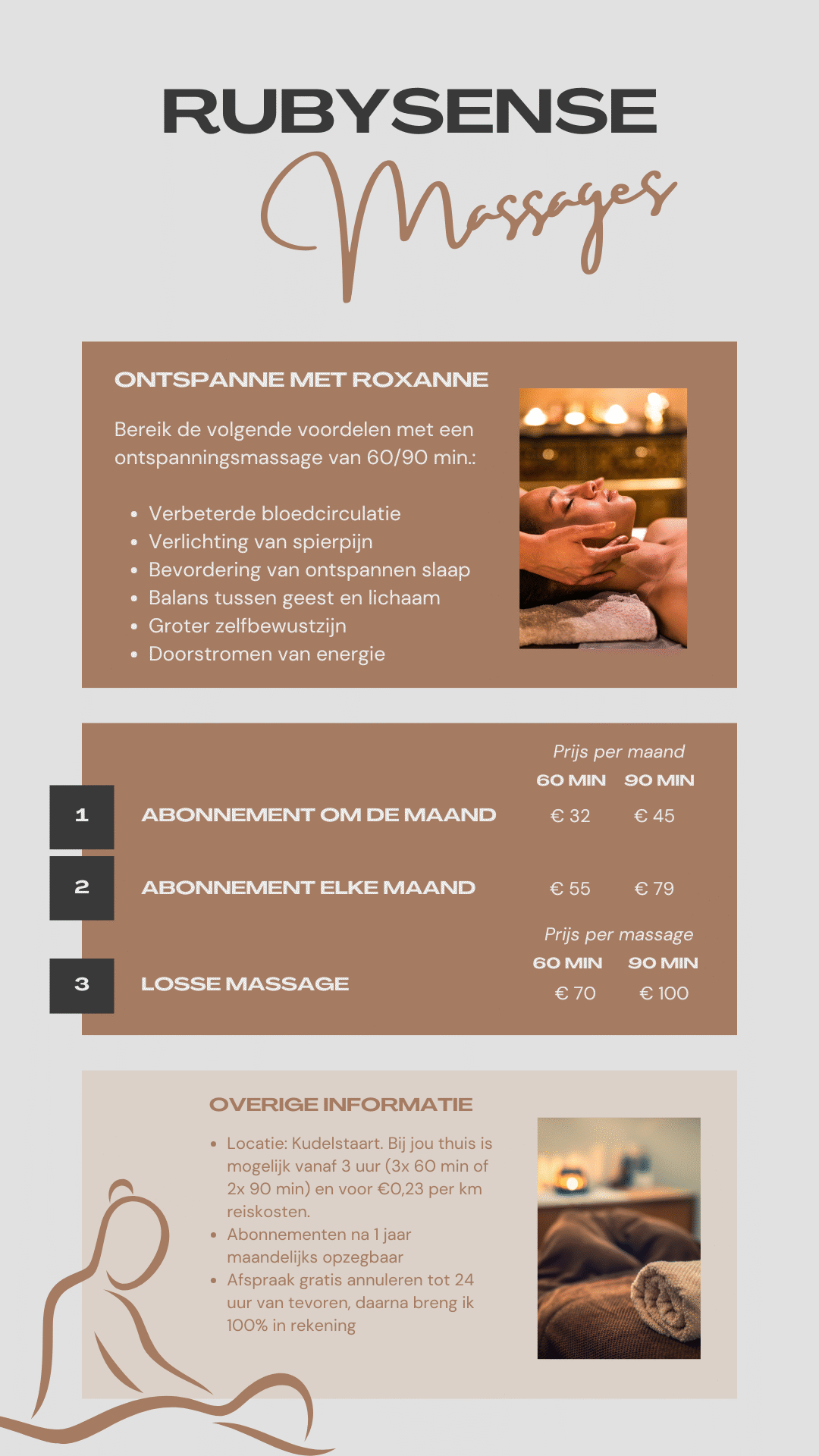 Flyer Rubysense Massages met tarieven, abonnementen en losse massage. Locatie Kudelstaart.